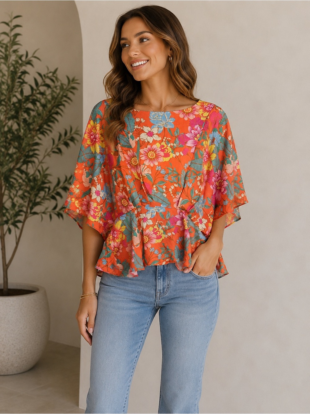 🌺 Umgee Satin Floral Dolman Sleeve Top